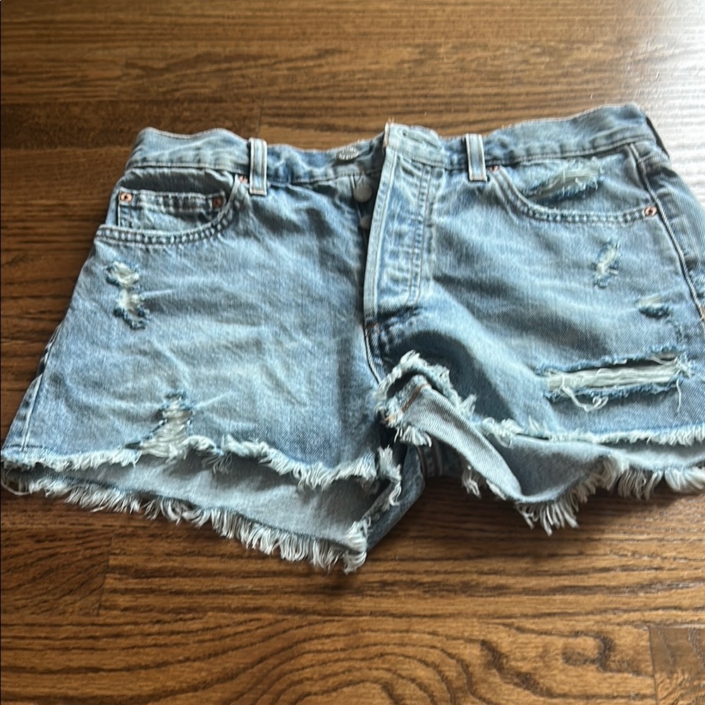 Denim Forum Blue Jean Shorts with Frayed Hem